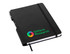A black A5 notebook with a pen holder and an elastic band, featuring a logo on the cover.