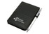 A black notepad with a silver pen secured on the side. The notepad features a logo.