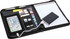 An A5 zip portfolio in black, featuring a notepad, card slots, USB drives, and a power bank with charging cable.
