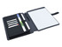 A black and charcoal A4 portfolio with card slots, a notepad, and a pen holder. It features a logo.