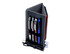 A black portfolio with multiple compartments, featuring pens, a USB cable, and earbuds.