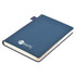 A navy blue A5 notebook with a textured cover and a logo on the front.