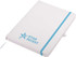A white A5 notepad with a blue elastic band and a logo. The notepad is closed with a ribbon bookmark.