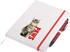 A white A5 notepad featuring a cat illustration and red text, secured with a red elastic band and accompanied by a pen.