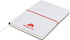 A white A5 notepad with a red elastic band, featuring a logo on the cover.