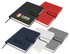 A set of A5 notebooks in red, navy, grey, and white, featuring discreet logo designs and elastic closures.