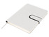 A light grey A5 notebook with a textured cover and an elastic closure, featuring a bookmark ribbon.