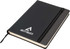 A black A5 notebook with a dark grey trim and a zippered pocket. Features a logo on the cover.