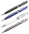 An assortment of four stylus pens in black, blue, white, and silver, featuring a logo on each.