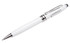 A sleek white stylus pen with chrome accents and a branding logo. Ideal for writing on touchscreens.