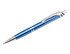 A blue metal pen with a textured grip and silver accents, featuring a branding logo.