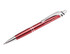 A red metal pen with a textured grip and a silver clip, featuring a logo.