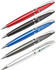A collection of five metal pens in red, black, blue, silver, and white, featuring a logo on each pen.