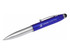 A blue economy 3-way stylus pen with a silver tip and clip, featuring a logo.