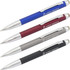 A set of four stylus pens in blue, burgundy, silver, and black, each with a logo printed on them.
