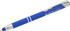 A blue stylus pen with a silver clip and branding on the barrel.