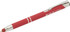 A red stylus pen with a shiny silver clip and branding. It features a smooth grip for easy handling.