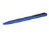 A blue metal pen with a sleek design and a black clip, featuring a branding logo.