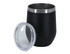 A double wall travel mug in matte black with a silver rim and a clear lid. It features a logo.