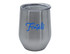 A double wall stainless steel travel mug with a clear lid, featuring a blue logo.