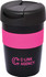 A travel mug featuring a black body with a pink band and a black lid, complete with a logo.