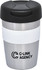 A travel mug with a stainless steel body, black lid, and white silicone band featuring a logo.