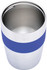 A double wall travel mug in stainless steel with a blue silicone band. Features a logo on the surface.