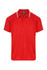 A red polo shirt with white stripes on the sleeves and a branding logo on the collar.