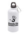 A drink bottle in white stainless steel with a black handprint design and a silver carabiner.