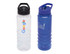 A drink bottle in clear plastic with a black lid, and a blue drink bottle with a black lid, featuring a logo.