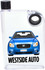 A drink bottle in clear plastic with a blue car design and a black cap, featuring a logo on the front.