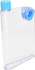 A drink bottle with a clear body and blue lid, featuring a unique shape and a logo on the side.