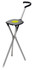 A lightweight, silver folding seat with a black seat and handle, featuring a logo on the top.