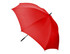 A red auto golf umbrella with a black handle and a simple design. It features a logo on the handle.