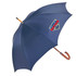 A dark blue umbrella with a wooden handle and a logo on the canopy.