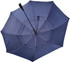 A navy blue auto golf umbrella featuring a sturdy handle and multiple ribs for support, with a logo present.