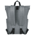 A grey roll-top backpack with adjustable straps and side pockets. It features branding on the front.