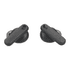Black earbuds with a sleek design, featuring a prominent logo on one side.