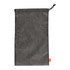 A grey toiletry bag with a drawstring closure and a small logo tag.
