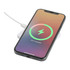 A square white wireless charging pad with a smartphone displaying a charging status indicator.