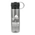 A drink bottle made from recycled R-PET, featuring a transparent grey body and a black screw-on lid with a carry handle.