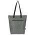 A grey cooler tote bag with black handles and a zippered front pocket, featuring a logo.