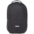 A black laptop backpack with a sleek design and featuring a logo on the front.