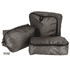 A set of three black recycled packing cubes in various sizes, featuring zippers and a textured pattern.