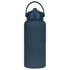 A drink bottle in a matte navy colour with a handle and a screw-top lid, featuring a logo.