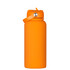 A drink bottle in bright orange with a rubber coating and a metal accent on the cap, featuring a strap.