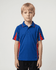 A blue polo shirt with red accents, worn by a child. The shirt features a collar and short sleeves.
