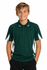 A dark green polo shirt with white side panels, featuring a logo on the chest. Suitable for kids.