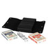 A black leather cover containing two decks of playing cards and five white dice.