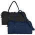 A recycled canvas duffel bag in black and navy, featuring carrying handles and external zip pockets.